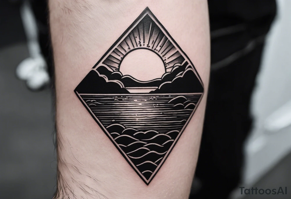 Minimalistic, small, black and white tattoo on male forearm. Tattoo style is line drawing. From the perspective of being on the ocean, the water is calm, with no waves in sight, the sun is setting behind the ocean, reflecting light onto the water. The tattoo in the shape of a rectangle, 4 inches wide by 2 inches tall. tattoo idea