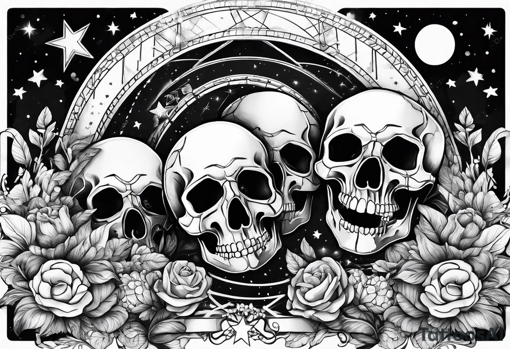 chemistry, roller coaster track, skulls, flowers, space with stars tattoo idea