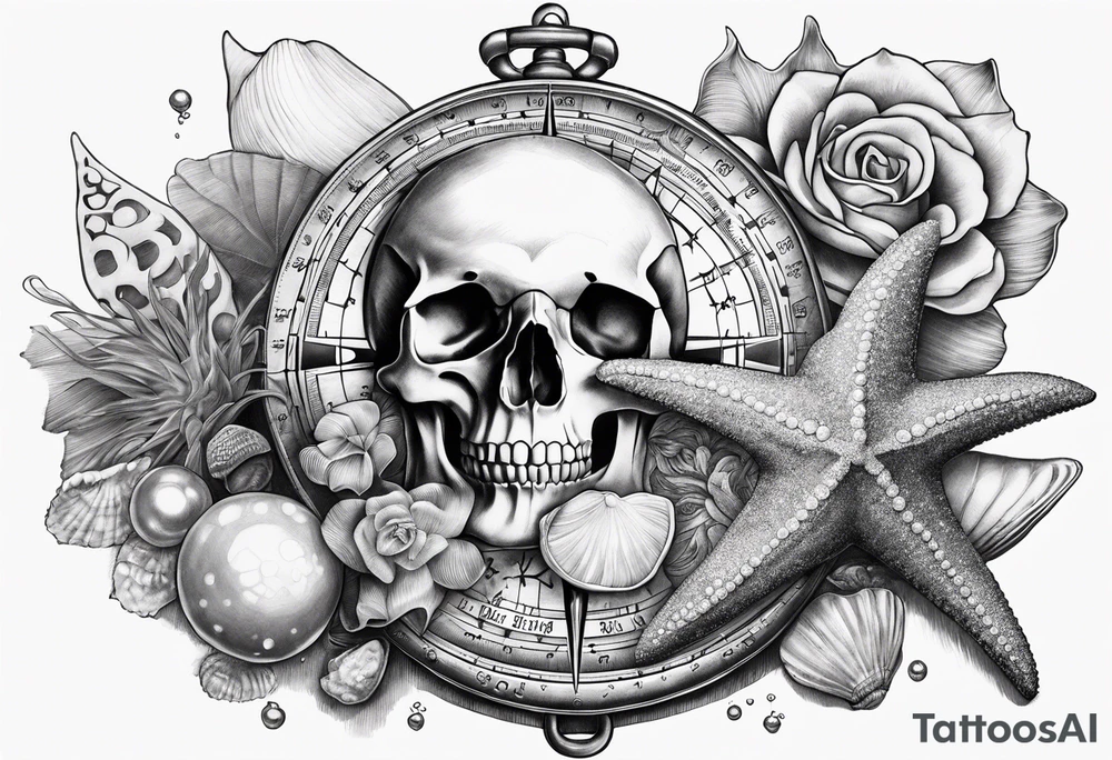 Compass, shells, shark teeth, starfish, oyster with pearl, skull tattoo idea