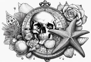 Compass, shells, shark teeth, starfish, oyster with pearl, skull tattoo idea