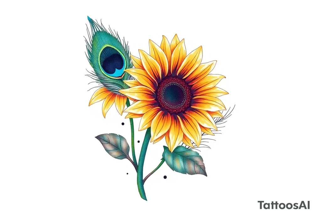 Sunflower with stem and peacock feather tattoo idea