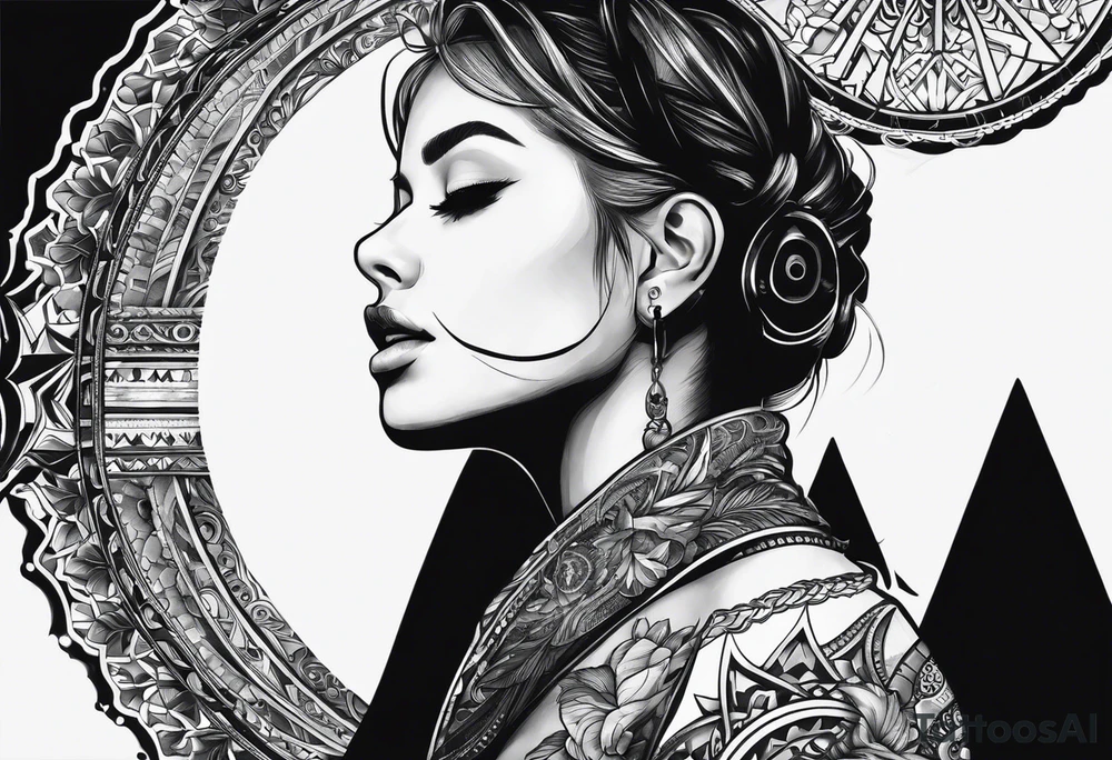 a half sleeve black and white tattoo idea that incorporates mental health awareness, a passion for EDM music, a first responder past, and keeping a positive mindset. I want everything designed into each other thing tattoo idea
