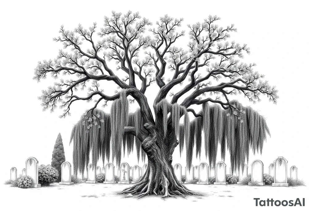 Laurel oak with Spanish moss in a cemetery tattoo idea
