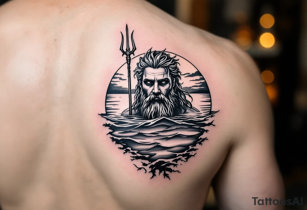 Poseidon half way under calm water with trident at sunset tattoo idea
