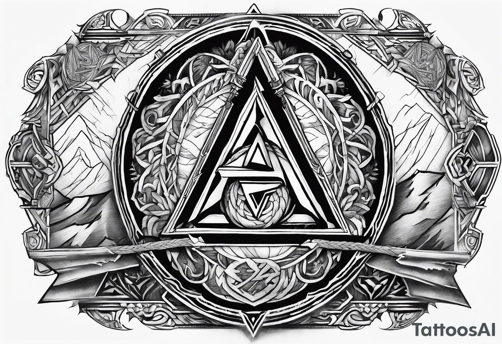 Valhalla sword shield  axe 
Valknut  ruins lightnings tattoo idea