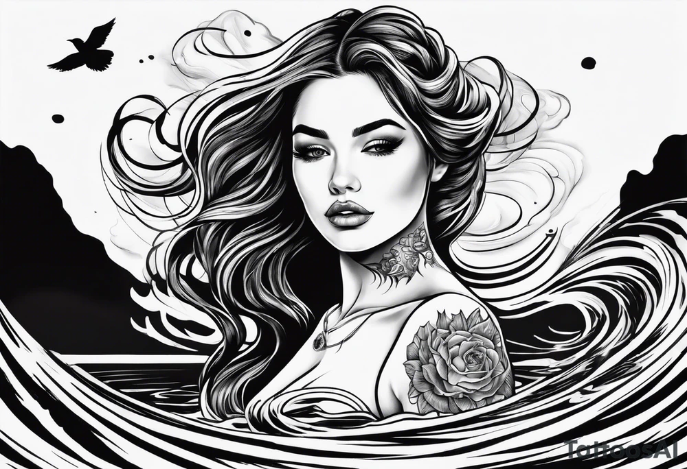 girl floating on still water with ripples bouncing off of her tattoo idea
