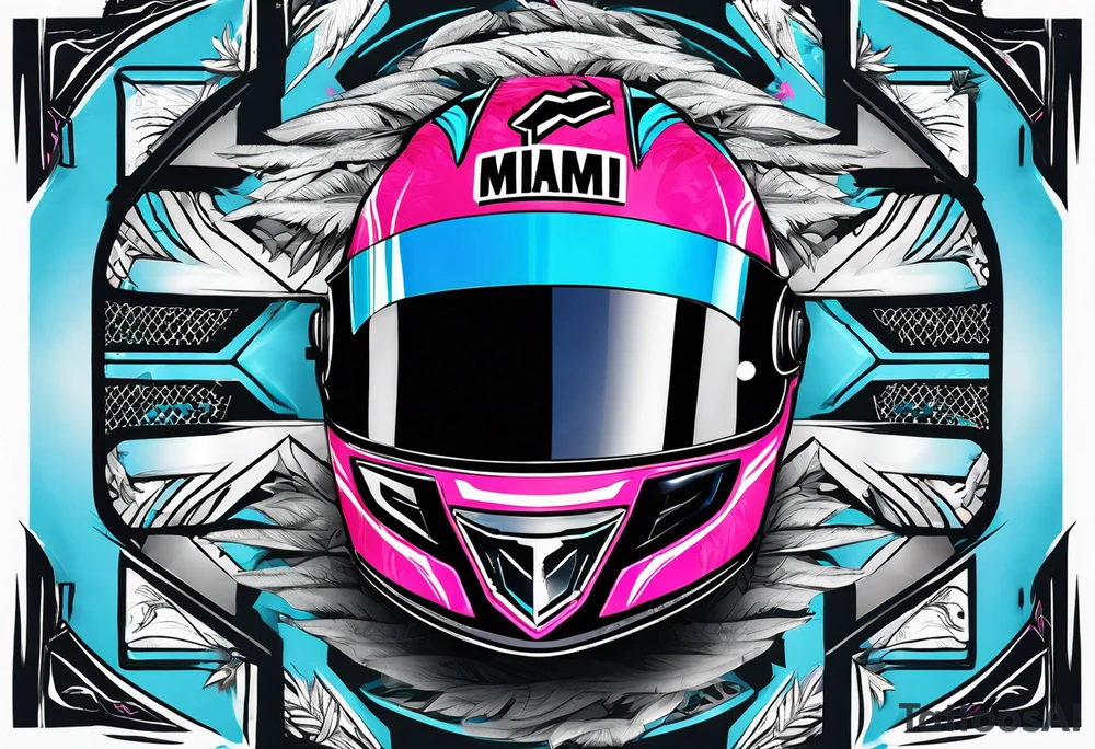 Formula 1 helment with the Miami name a palm tree and light blue black and pink colors 3/4 view tattoo idea