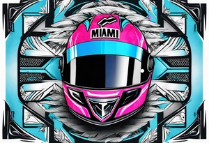 Formula 1 helment with the Miami name a palm tree and light blue black and pink colors 3/4 view tattoo idea