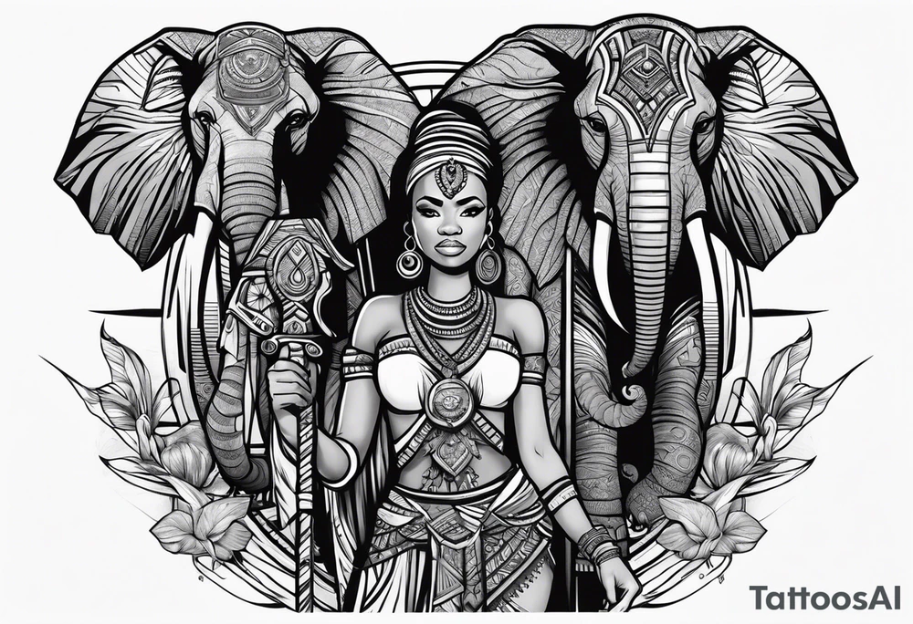 African woman warrior holding a spear with birds and elephants in the background tattoo idea