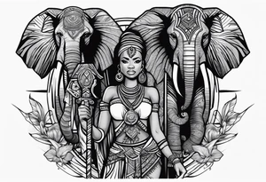 African woman warrior holding a spear with birds and elephants in the background tattoo idea