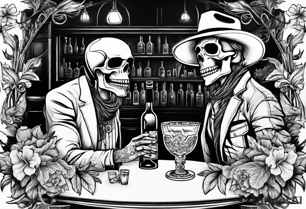 a bar scene with a skeleton couple with hibiscus flowers. western style tattoo idea