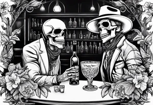 a bar scene with a skeleton couple with hibiscus flowers. western style tattoo idea