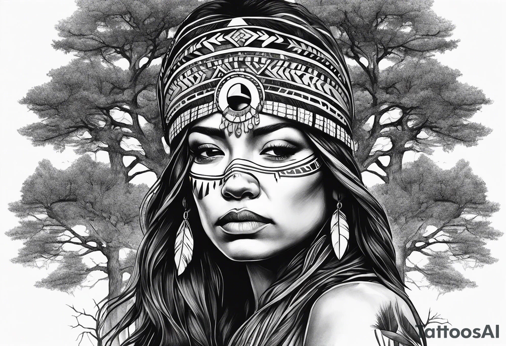 Tree with upper branches forming a native American woman's face as she looks down onto the trees that forms her face and a lonely woman kneels there tattoo idea