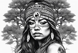 Tree with upper branches forming a native American woman's face as she looks down onto the trees that forms her face and a lonely woman kneels there tattoo idea