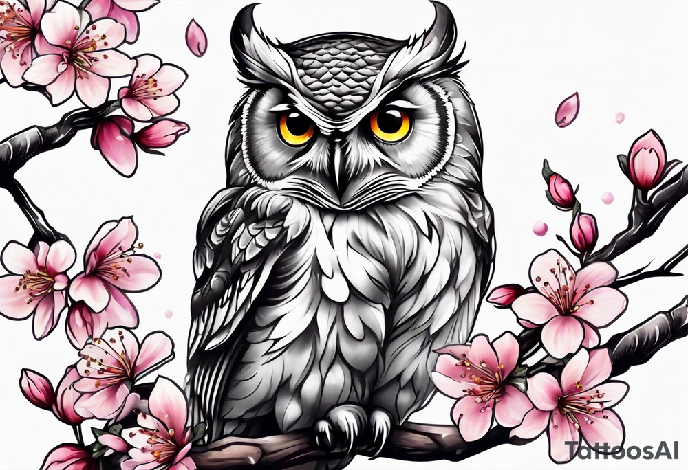 Owl and cherry blossoms tattoo idea