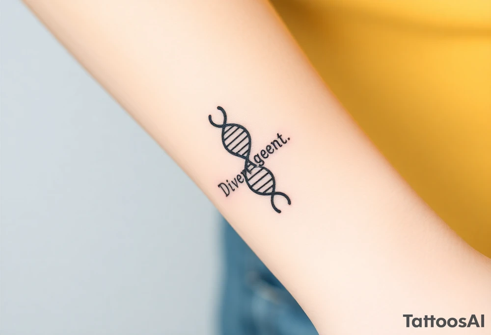 A DNA strand with the word "Divergent" subtly woven into its helix, symbolizing genetic uniqueness tattoo idea