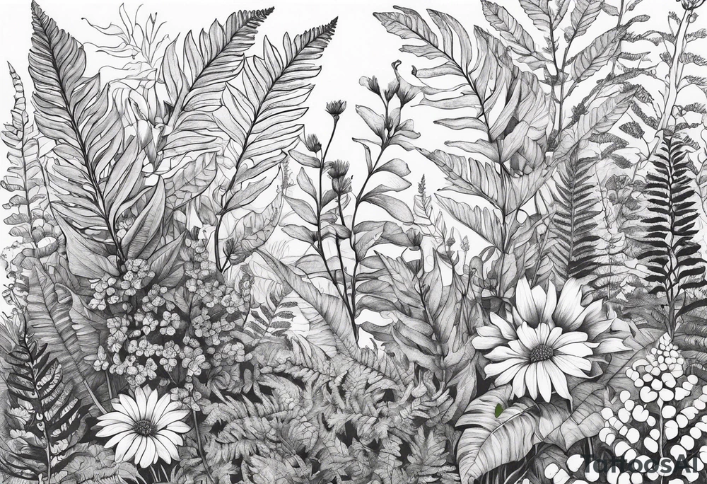 saturated mixed wildflower with ferns and with color tattoo idea