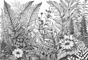 saturated mixed wildflower with ferns and with color tattoo idea