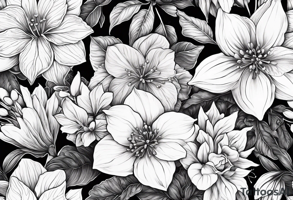 Hydrangea, Narcissus, Poinsettia, Holly, Gladiolus, Poppy, Daisy, Sweet Pea floral tattoo idea