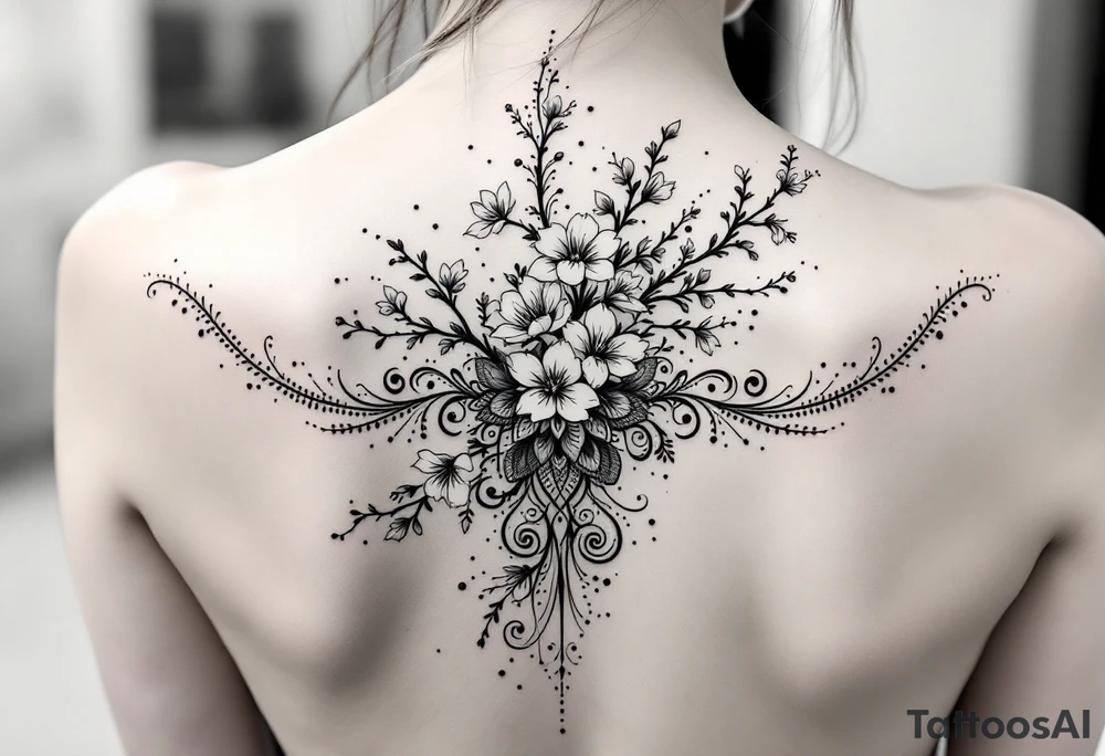 1.	Cherry Blossom Flow (Central Spine): A cascading cherry blossom flowing vertically along the spine to cover the central portion of the existing tattoo. Symmetrical patterns inspired by ornamental designs, with intricate curves and dotwork extending outward from the base of the spine. These elements should balance the floral motif and enhance the lower back area with a decorative, feminine flair.
	3.	Dotwork and Contouring: Delicate linework and dot patterns should be added around the floral design to give texture and seamlessly blend the tattoo with the surrounding skin. The ornamentation should curve naturally along the shape of the body, creating a cohesive, elegant look. tattoo idea