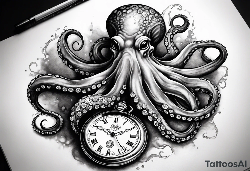 Octopus holding an old pocket watch tattoo idea