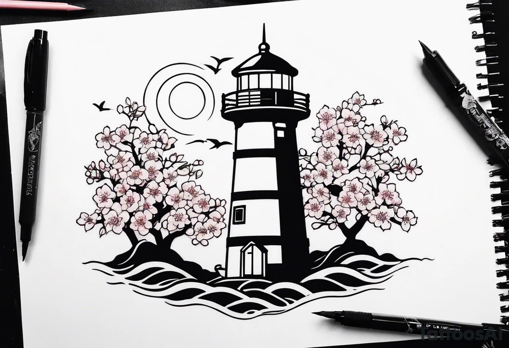 cherry blossom with lighthouse tattoo idea