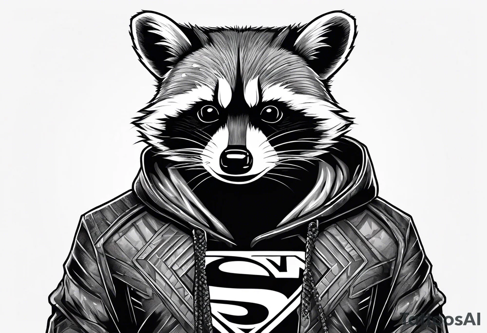 raccoon wearing a Superman hoodie tattoo idea