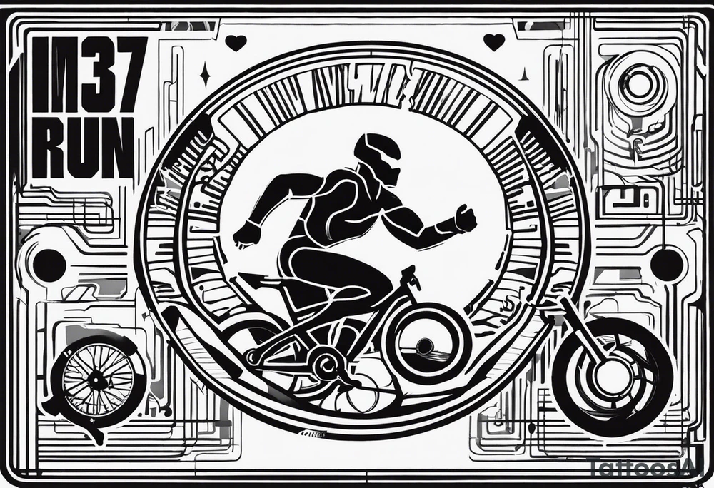 CYBERPUNK QUE CONTENGA EL LOGOTIPO IRONMAN70.3 Y LAS PALABRAS SWIM, RUN Y BIKE tattoo idea