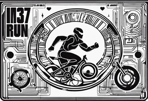 CYBERPUNK QUE CONTENGA EL LOGOTIPO IRONMAN70.3 Y LAS PALABRAS SWIM, RUN Y BIKE tattoo idea