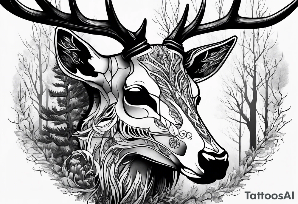 A side view of a dead deer skull surrounded by trees and fire tattoo idea