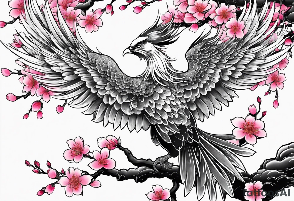 traditional Japanese phoenix and pink cherry blossoms blank background no clipped edges tattoo idea