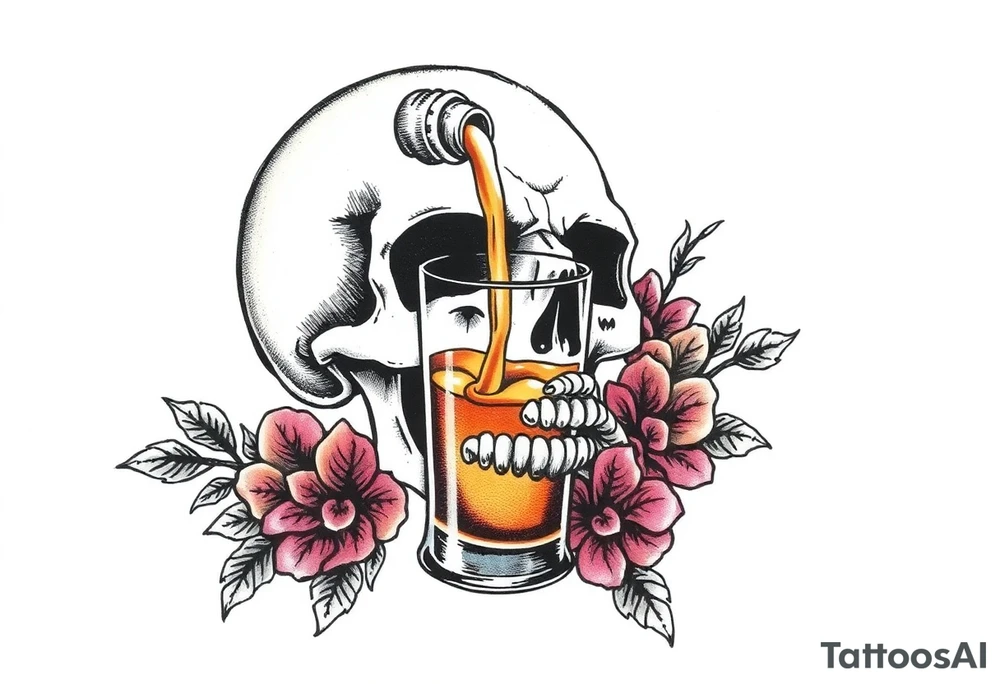 “I’ll drink your poison if you fill the cup” skull, glass, pouring liquid tattoo idea