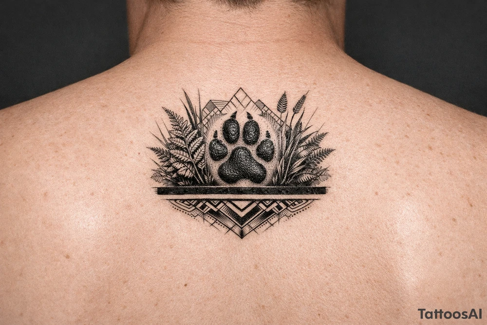 Kapradí, traviny, geometrie, otisk packy psa na paži, mezi kapradim a travinami geometrické vzory jemné, pod černý proužek, světlý proužek tattoo idea