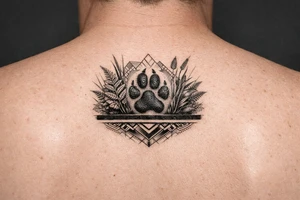 Kapradí, traviny, geometrie, otisk packy psa na paži, mezi kapradim a travinami geometrické vzory jemné, pod černý proužek, světlý proužek tattoo idea