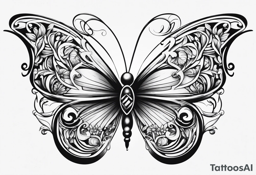 Number 444 intertwine  butterfly and vines tattoo idea