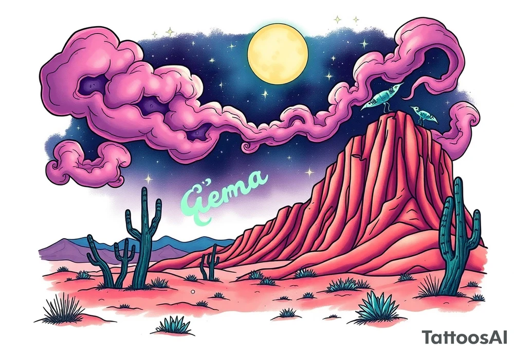 Tim Burton’s nevada new mexico desert  and dripping with muted reds, dusty pinks, and eerie green glow purple and cyan smokey clouds swirl and dance in the moonlit night sky filled with twinkling stars  tattoo idea tattoo idea
