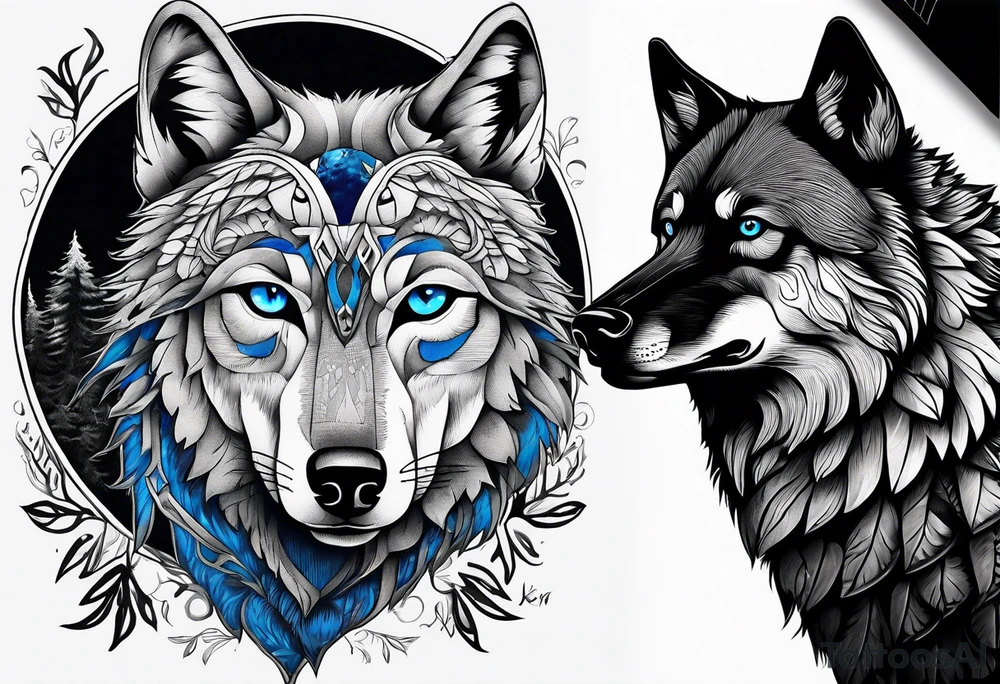 main character an impressive blue-eyed wolf, a crow talks to the wolf, background a gloomy forest tattoo idea