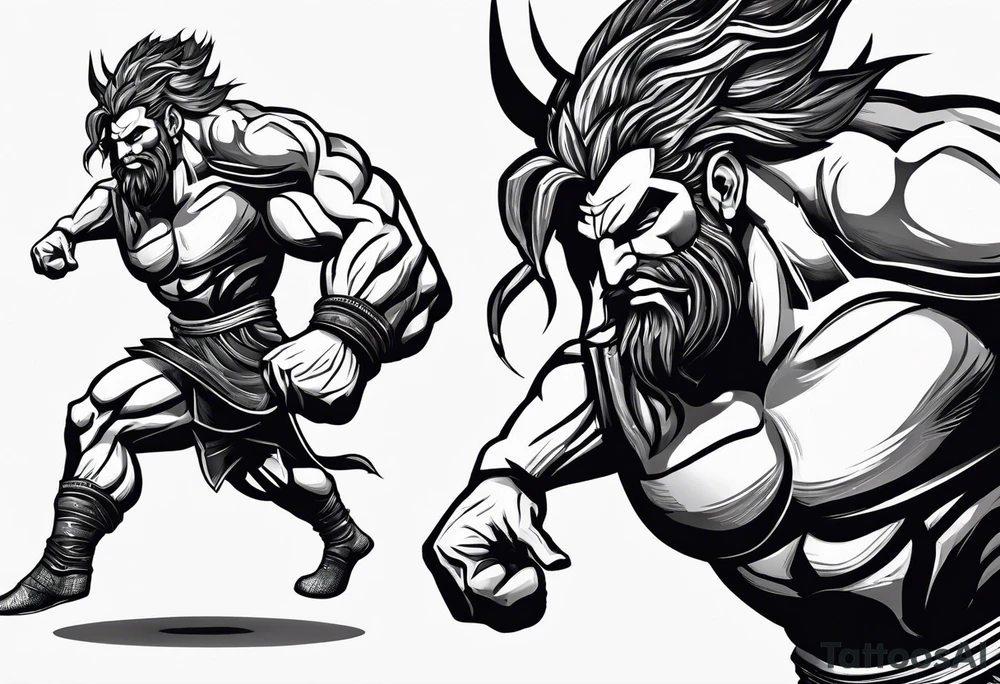 full body strong mythical giant turned to the side about to punch something stipple shading tattoo idea