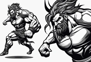full body strong mythical giant turned to the side about to punch something stipple shading tattoo idea