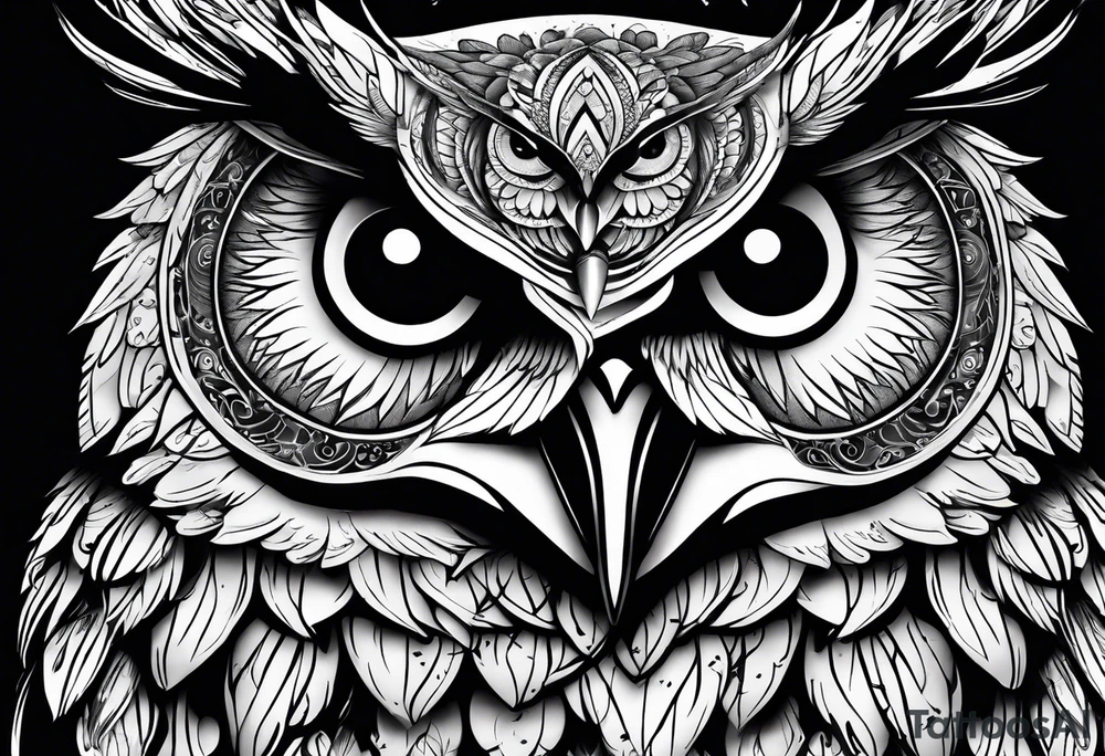 “A wise owl perched on a branch, with large, expressive eyes and intricate feather patterns, representing wisdom tattoo idea