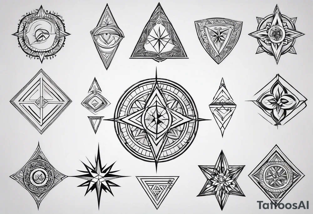 Fine line tattoo in the left forearm on the bottom side. The tattoo will have three shapes placed in a triangle formation. The top shape will be a geometric heart that symbolizes health. The bottom left will have a compass rose as a symbol for purpose. The bottom right will have three circles placed in a triangle formation to symbolize family. Tattoo should be minimalist with just the shapes filled in and no ornaments tattoo idea