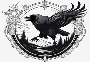 a scary black raven landing on the back of a wolf tattoo idea