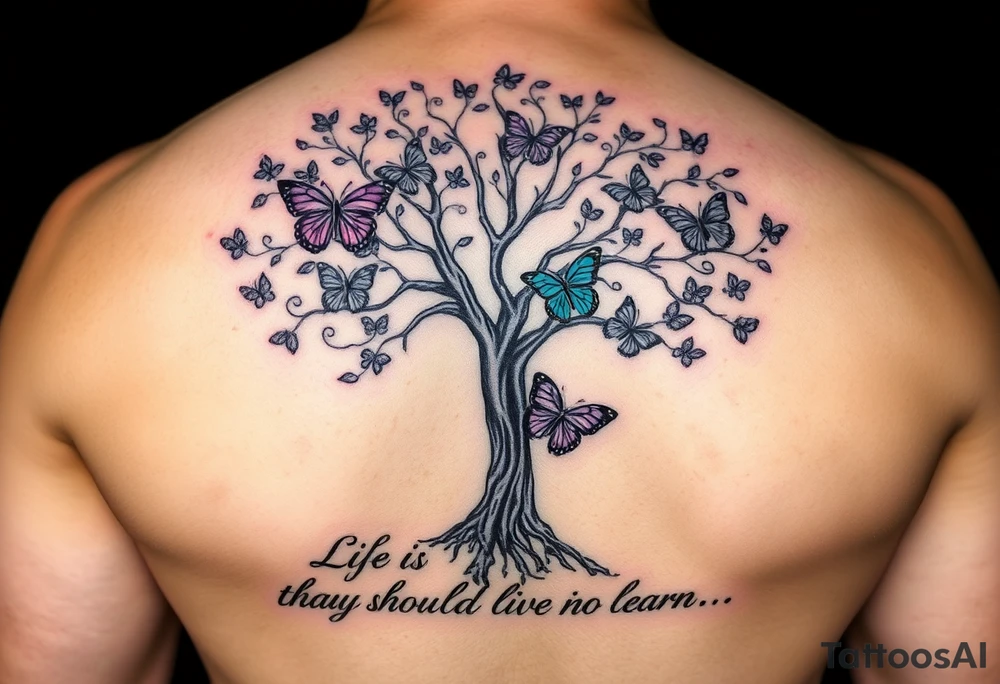 realistic tree of life with purple,, turquoise, and gray  beautiful butterflies and the words" Life is a journey that you should live and learn from. tattoo idea