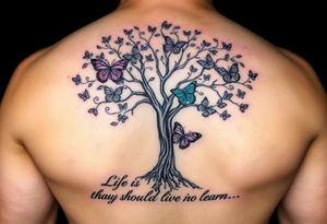 realistic tree of life with purple,, turquoise, and gray  beautiful butterflies and the words" Life is a journey that you should live and learn from. tattoo idea
