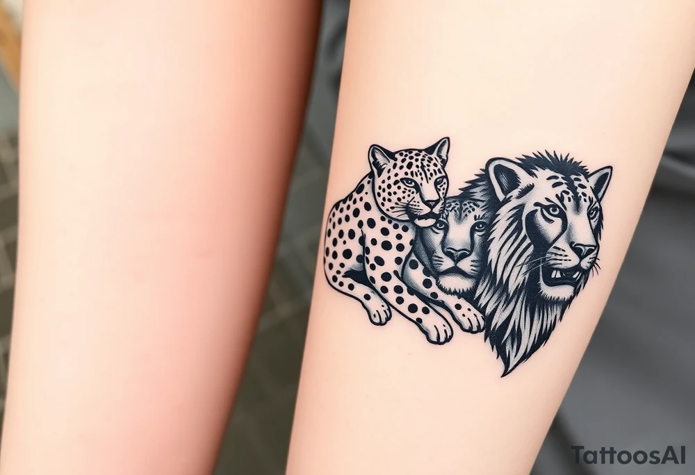 old school style montage of these 5 big cats:
a leopard , a cheetah , a jaguar, a black panther and a lion - as a wrap around bracelet style - about 3 inches each cat - on my upper right arm right above the elbow tattoo idea