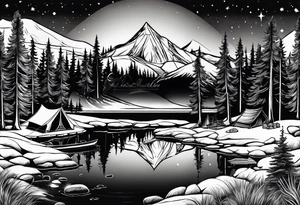 tent and camp fire with stone seating with a pond forrest mountains and the northern lights in the sky tattoo idea
