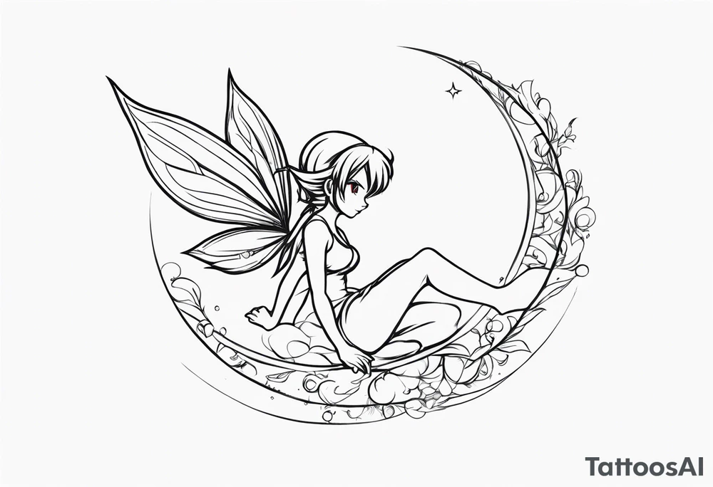 A fairy with a tail inspired by the logo of the anime show called Fairy Tail in a fetal position leaning in and forward while in the air floating tattoo idea