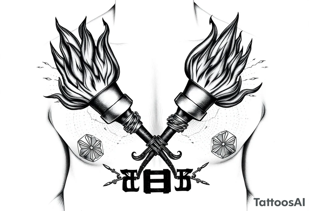 Large blackwork chest and neck tattoo. Two big crossed torches in the center of the chest, tightly wrapped in detailed barbed wire. Intense black flames rise upward from the torches, going high above the neck. The tattoo is massive, fully filled, no empty space. Background filled with dotwork, radial patterns, dark textures similar to the attached reference style. Strong geometric and ornamental filling along the collarbones. At the bottom, large bold letters 'БЛЦС' in a heavy gothic or blocky blackwork font. Entire tattoo done only in black ink, very high detail, dramatic, brutal, symmetrical composition, blackwork / dotwork / engraving style. tattoo idea