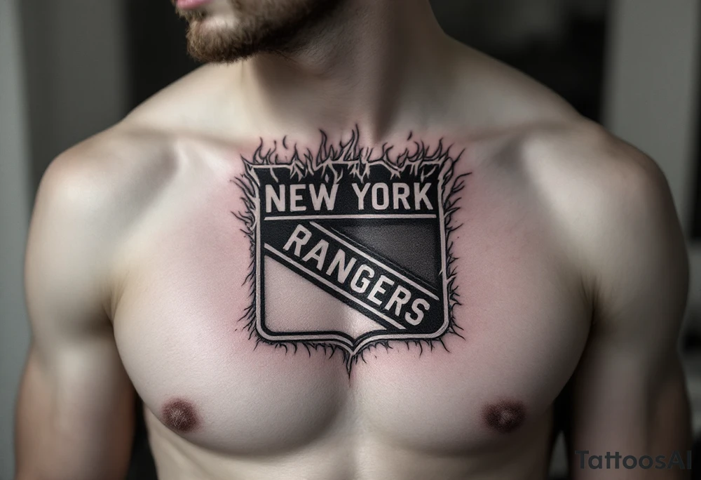 Chest tattoo: A burning New York Rangers logo tattoo idea