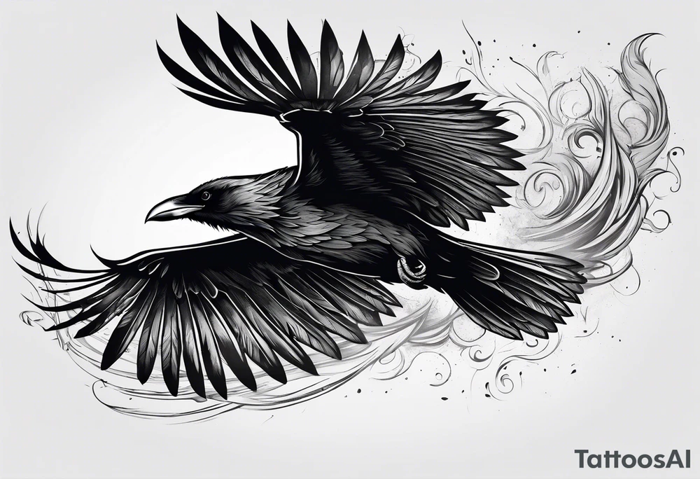 outline drawing of a flying raven with wings on fire tattoo idea